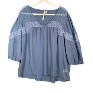 Lauren Conrad Womens Blouse Blue V Neck 3/4 Sleeve Sheer Tunic Polyester XL